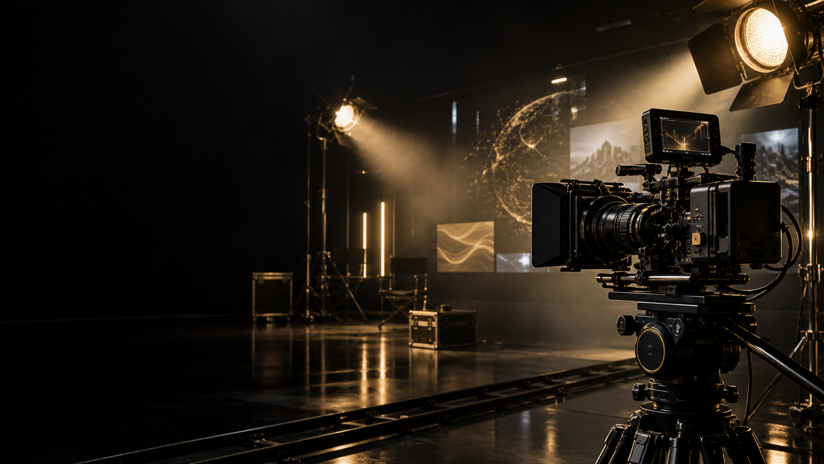 Cinematic camera setup with production lighting